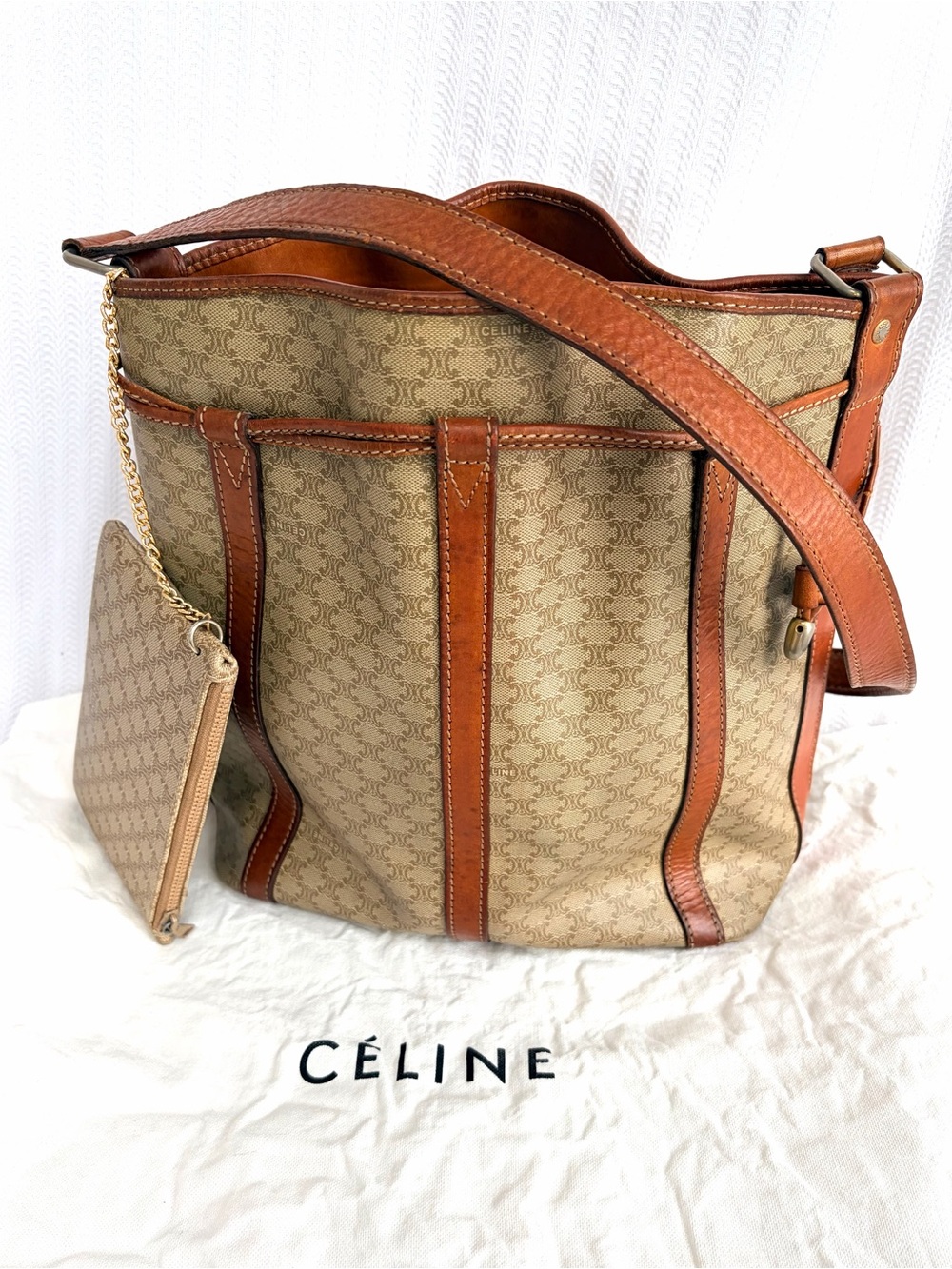 Vintage Celine Macadam Bucket Bag with Pouch and Dustbag - Beige Taupe Cognac